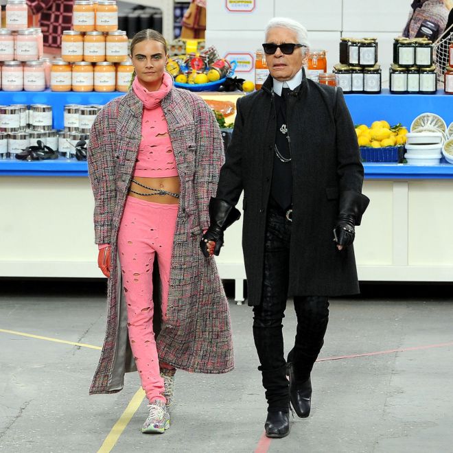 Karl Lagerfeld and Cara Delevigne at the Chanel show in Paris