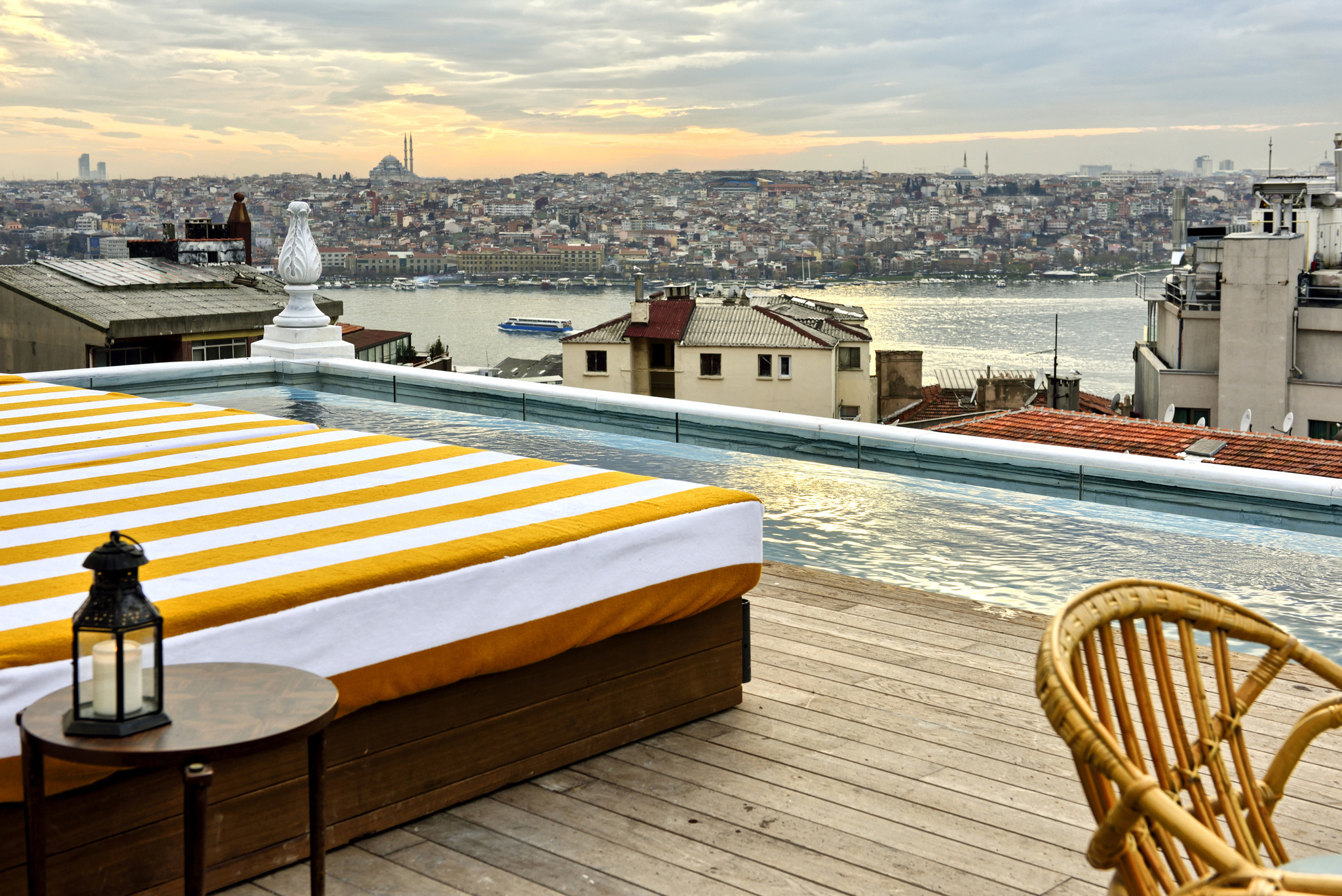 SoHo House Istanbul rooftop daytime view over the city and the Golden Horn.