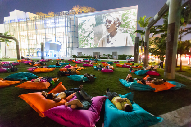 Art Basel in Miami Beach Film Sector series shown outdoors at SoundScape Park, on a 7,000-square-foot projection wall at the Frank Gehry-designed New World Center