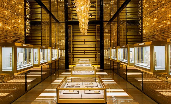 The golden hall within Graff diamonds Baselworld booth, 2015