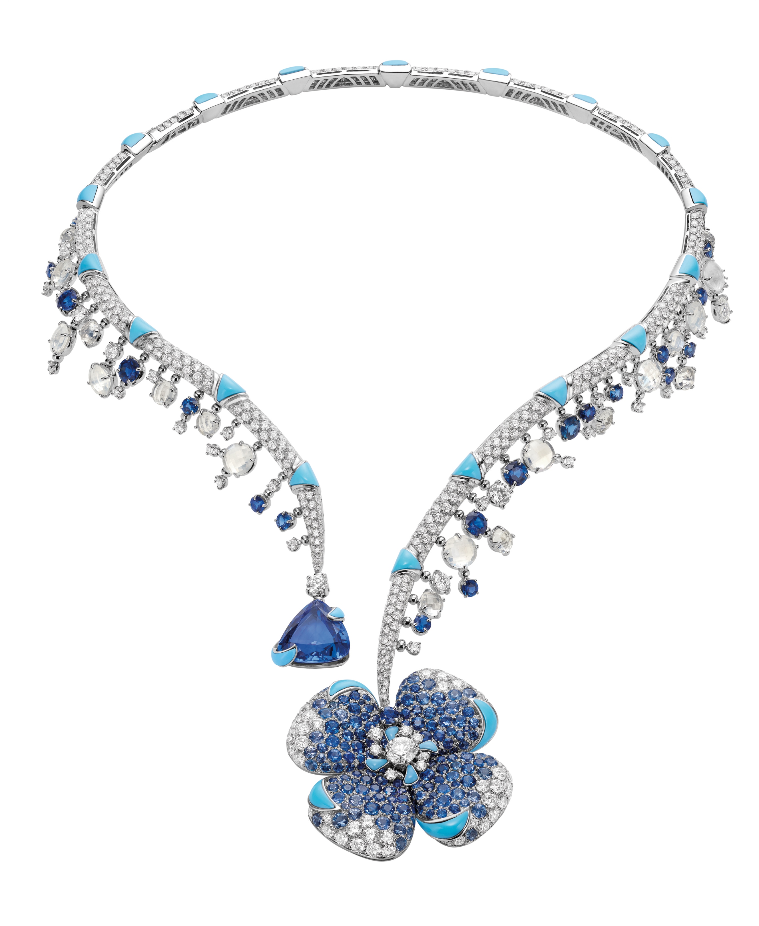 Collana-Bulgari-Fiore-Ingenuo-HJ-in-oro-bianco-con-zaffuri-turchesi-tanzanite-turchesi-di-luna-e-diamanti