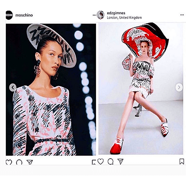 Edda Gimnes (left), Moschino SS19 (right)