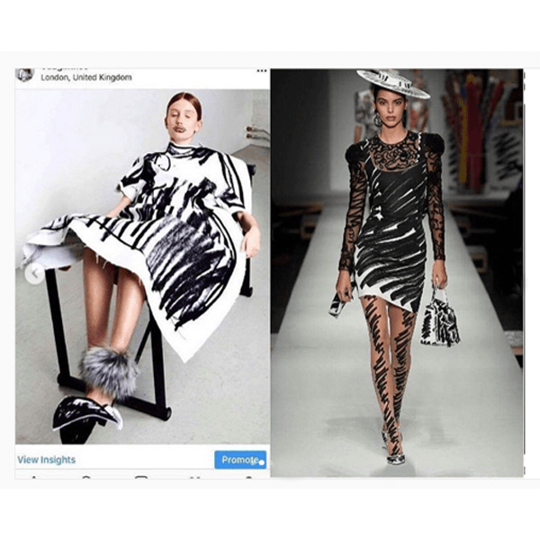 Edda Gimnes (left), Moschino SS19 (right)