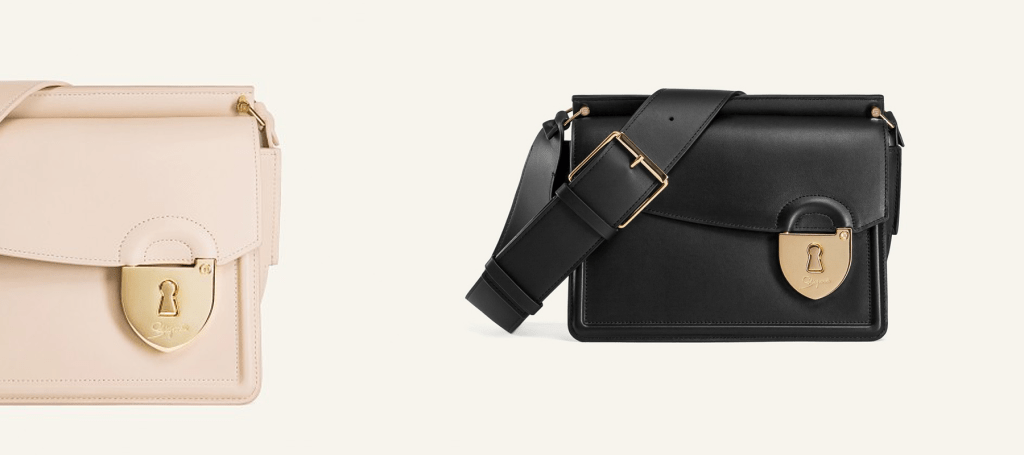 New Schiaparelli “Secret” bag in Bourgogne calfskin with gold-plated brass padlock fastening detail. (photo: courtesy Elsa Schiaparelli)