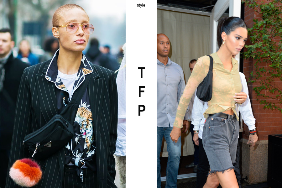 Left, Adwoa Aboah with the Prada nylon fannypack, Right, Kendall Jenner with the classic Prada nylon shoulder bag. (photo: courtesy)